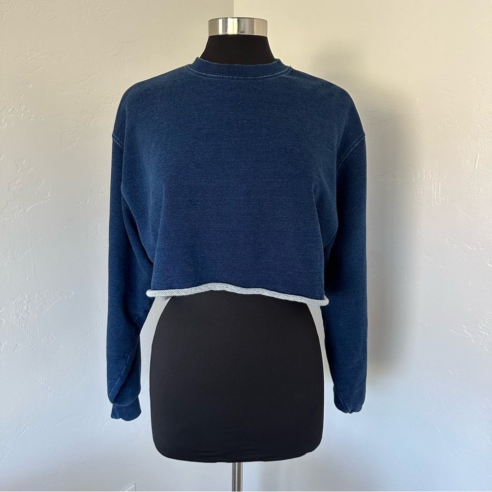 GOOD AMERICAN JEANIUS CROPPED Indigo Blue Terry Sweatshirt Size XS - Picture 3 of 13